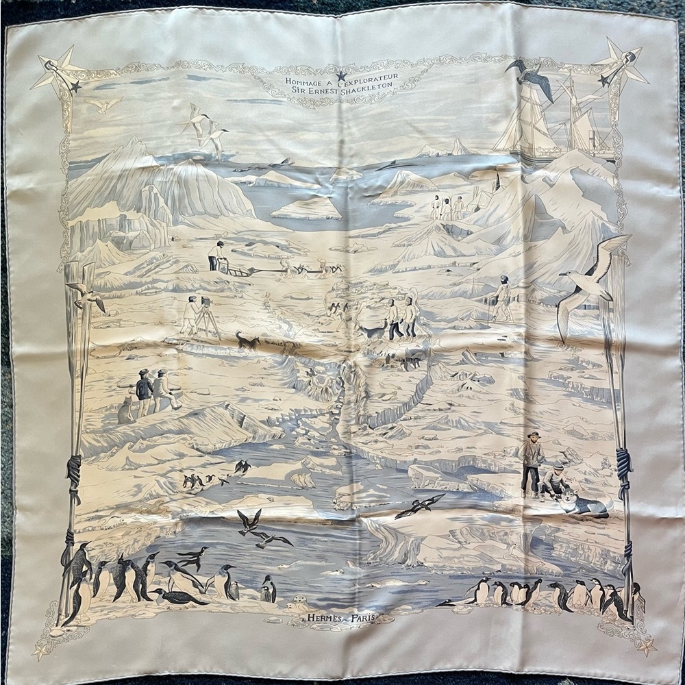 SOLD - HERMES 90CM SCARF Hommage A L'Explorateur Sir Ernest Shackleton 2005 Blue